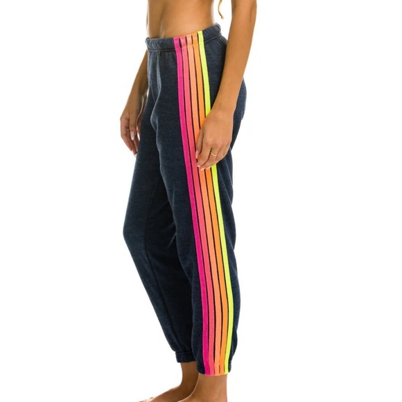 Aviator Nation 5 STRIPE SWEATPANTS - HEATHER NAVY // NEON RAINBOW - Picture 1 of 5